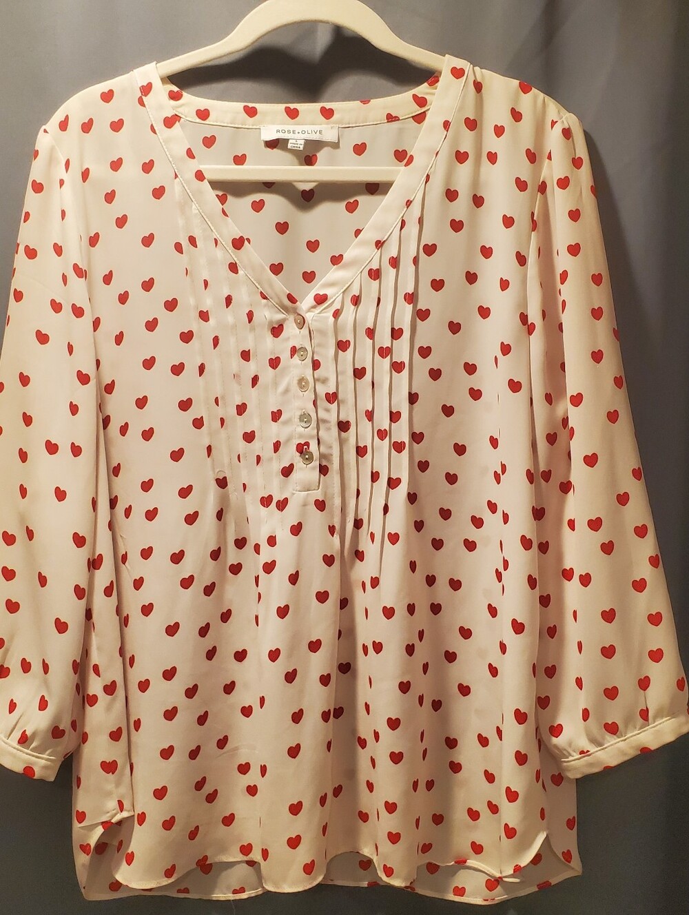 Rose & Olive White Blouse with Red Heart Pattern